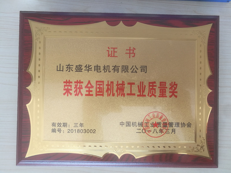 盛華電機公司資質榮譽《全國中小型電機行業優秀企業》