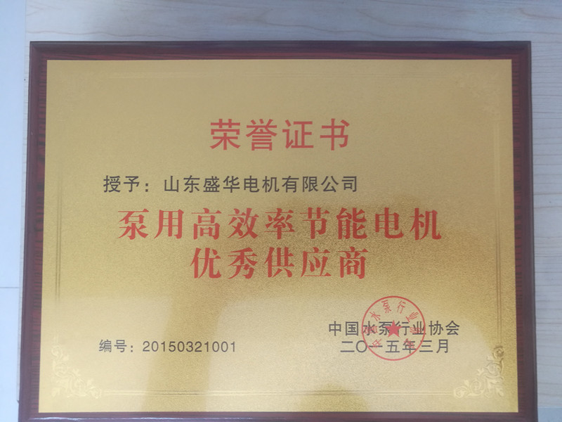  盛華電機公司資質榮譽《泵用電機優秀供應商》